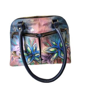 ANUSCHKA  5 Compartments Bag Handpainted Leather Floral Tote Blue Lilies Handbag